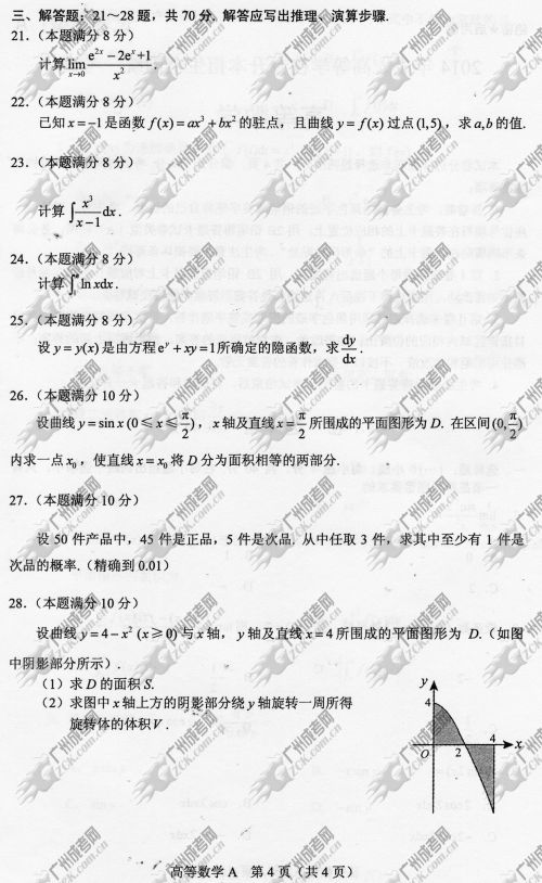 安徽省成人高考2014年统一考试专升本高等数学真题A卷